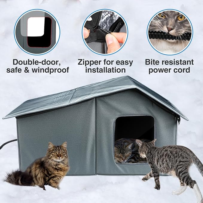 Weatherproof Heated Cat Houses for Outdoor Cats - Insulated Cat Shelter for Winter with Thermostatic Heating Pad and Escape Door, Warm Outside Pet House Gift for 2-3 Feral Cats (Large)