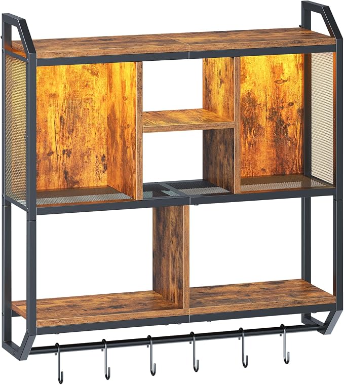 HOOBRO Gaming Floating Shelf with LED Lights, 28.7" LED Wall Mounted Shelf, 3-Tier Display Rack for Wall Storage, Floating Rack with Hanging Rod and 6 S-Hooks, Rustic Brown and Black BF70DBJ01