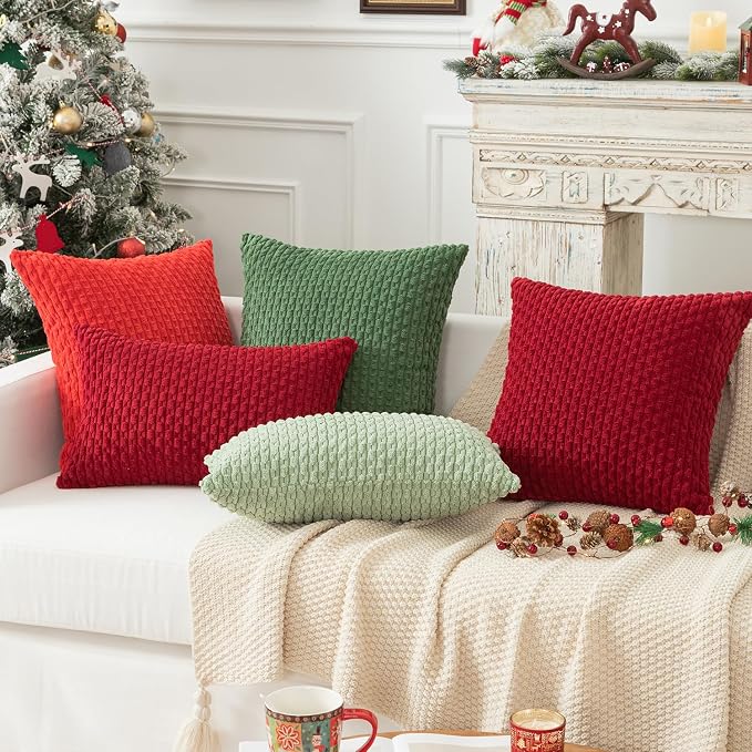 Kevin Textile Soft Corduroy 12"x20" Lumbar Pillow Cover 1 Pack, Red | Boho Stripe Plush Corduroy Decorative Oblong Cushion Cover Modern Farmhouse Home Decor for Sofa Couch Bed Chair