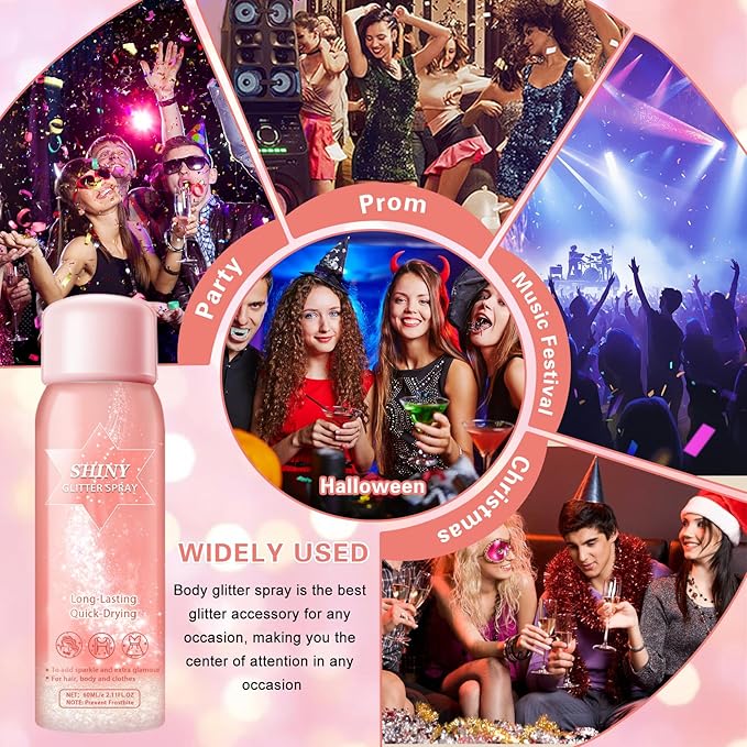 DAMUSI Body Glitter Spray, Shiny Hair and Body Glitter Spray for Clothes, Holographic Glitter Hairspray Quick-Drying Lasting Shimmer Highlighter Powder for Festival Concert Party Rave Prom 2.11 Fl Oz