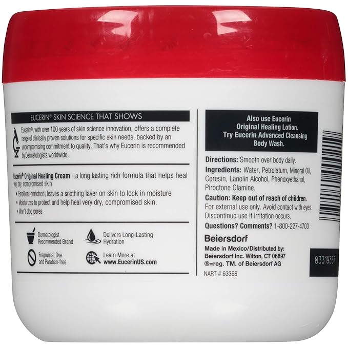 Eucerin Original Healing Cream, Unscented Body Cream for Extremely Dry, Sensitive and Compromised Skin, Emollient Enriched Body Moisturizer, 16 Oz Jar, Pack of 2