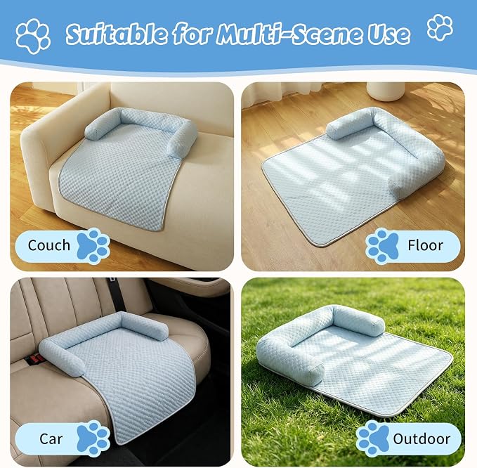 Cooling Pet Bed Mats with Neck & Head Support, 31.5 x 23.62 inch Blue | for Small and Medium Dogs & Cats, Non-Slip, Machine Washable, Protects Sofa from Fur & Scratches
