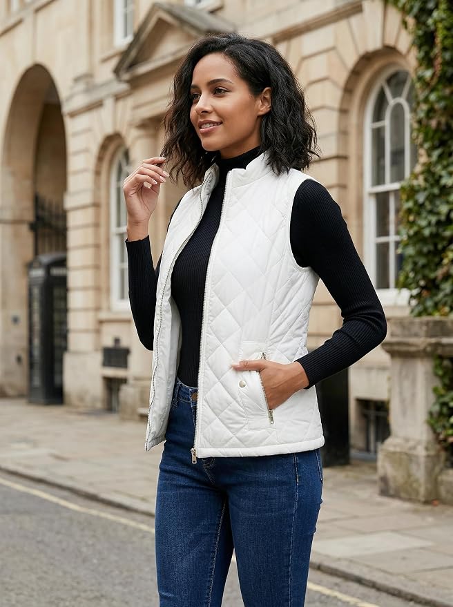 Fuinloth Women's Quilted Vest Lightweight Puffer Stand Collar Zip Gilet | 4 pockets with 2 inner storage. Quilted padded warm gilet. Fall winter outerwear layering vest for travel hiking daily wear.