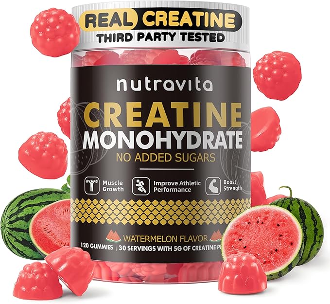 Nutravita Creatine Monohydrate Gummies for Men & Women, Creatine Monohydrate for Muscle Strength, Muscle Builder, Energy Boost, Pre-Workout Supplement(120 Count)-Watermelon Flavor