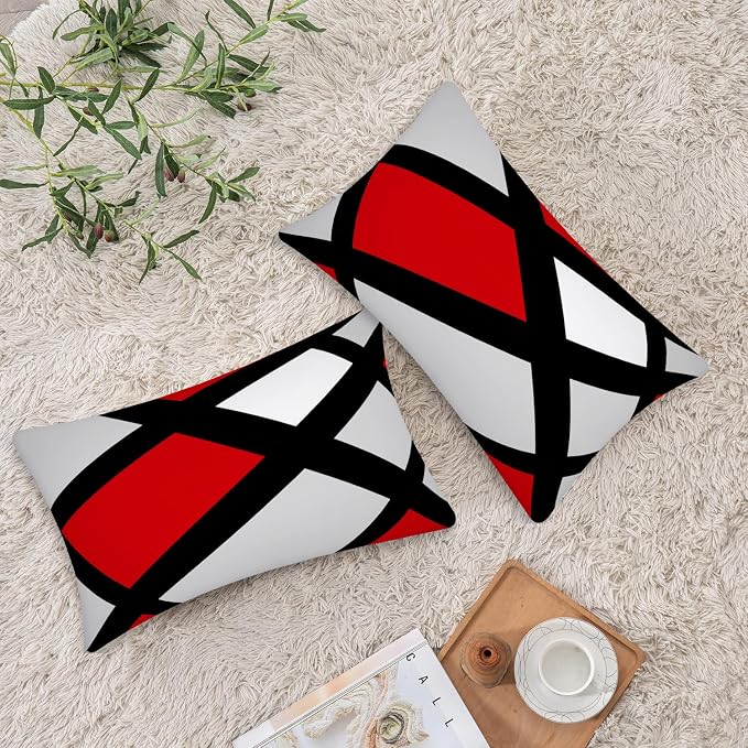 Modern Art Geometric Pillow Cover, Decorative Throw Pillow Covers Red Black Abstract Artwork Cushion Cover for Bedroom Sofa Living Room 12 x 20 Inch Set of 2
