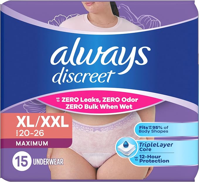 Always Discreet Adult Diapers for Women, Incontinence Underwear, Postpartum Essentials, Disposable Briefs, Max Absorbency, Bladder Leak Protection, Extra Large/XL, 15ct