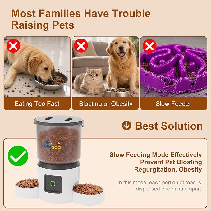 Automatic Cat Feeder for 2 Cats 4L Timed Dry Food Dispenser WiFi 9 Meals Programmable 1-15 Portion Per Day with APP Control Double Bowl Dual Power Supply with 2 Stainless Bowl for Multi-Pet Easy Clean