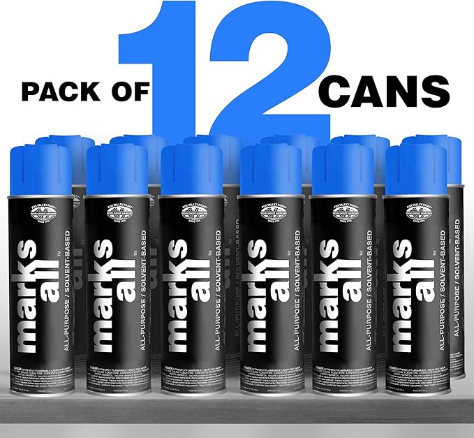 Fox Valley 18oz Marks All Solvent-Based Marking Paint Spray, 12-Pack Blue Fluorescent – Long-Lasting, Weather-Resistant Spray Paint for Wet or Dry Surfaces Like Metal, Grass, Concrete, Wood, & More
