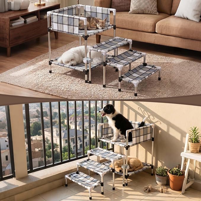 Bedside Dog Bunk Bed with Guardrail & Stairs, Elevated Double Pet beds | Window Perch Sleeper Raised Cosleeper 2 layers Double Stainless Steel Removable Small Multiple