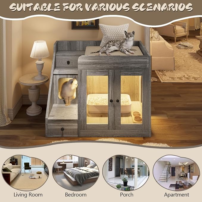 Cat Litter Box Enclosure with Light, Hidden Litter Box Furniture with 2 Storage Drawers & Smart Doors, Cat House Side Table for Living Room Entryway (Grey)