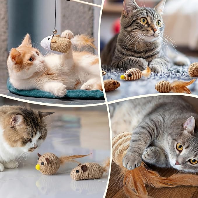 Leitee 20 Pcs Interactive Cat Toys for for Indoor Cats Set, Wooden Cat Wand Toywith Bells Feather Handle Chew Rope Mouse Sisal Balls Kitty Toys for Play Chase Exercise (Brown)