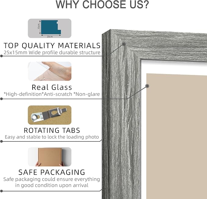 Hongkee 12x12 Picture Frame Set of 4 - Made of Glass and Grey Wooden Frame, Display Square Pictures 10x10 with Mat or 12 x 12 without Mat, Desktop & Wall Collage Photo Frame