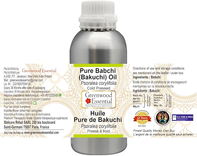 Greenwood Essential Babchi (Bakuchi) Oil (Psoralea corylifolia) | Cold Pressed | Natural | Undiluted | For Diluting Essential Oils | For Skin & Massage | Men & Women | 300ml (10 oz)
