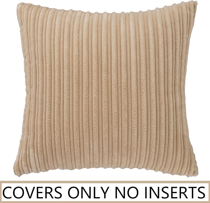 UGASA Velvet 20x20 Inch Soft Throw Pillow Cover Decorative Corduroy Striped Both Sides Solid Square Cushion Case Boho Farmhouse for Couch Bedroom Sofa Home, 1 Piece, Beige