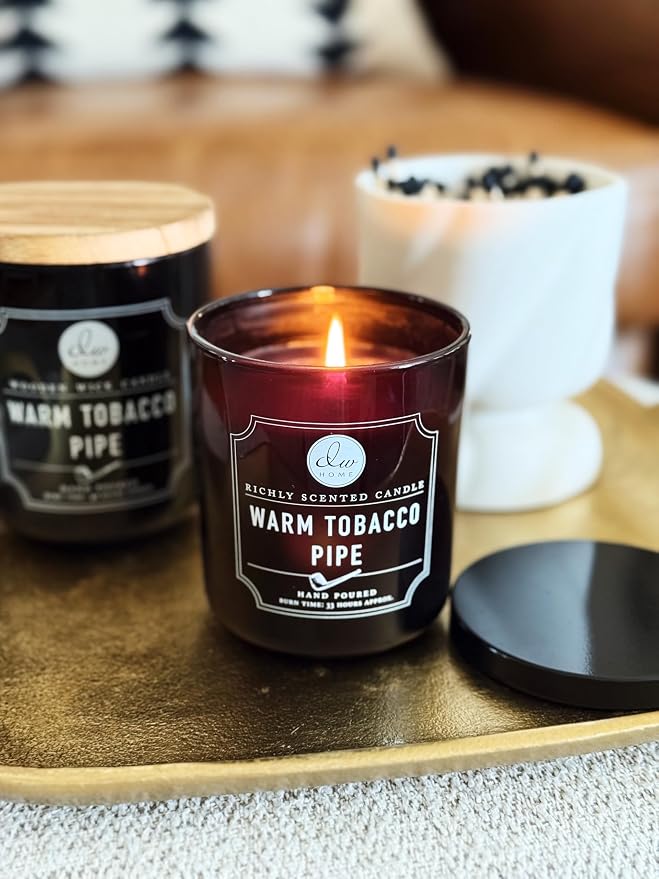DW Home Warm Tobacco Pipe Scented Candle for Home, 12 oz, Wooden Wick Candle Jar, Up to 40H Burn Time, Luxury Scented Candle for Relaxation, Gifting, Home Decor