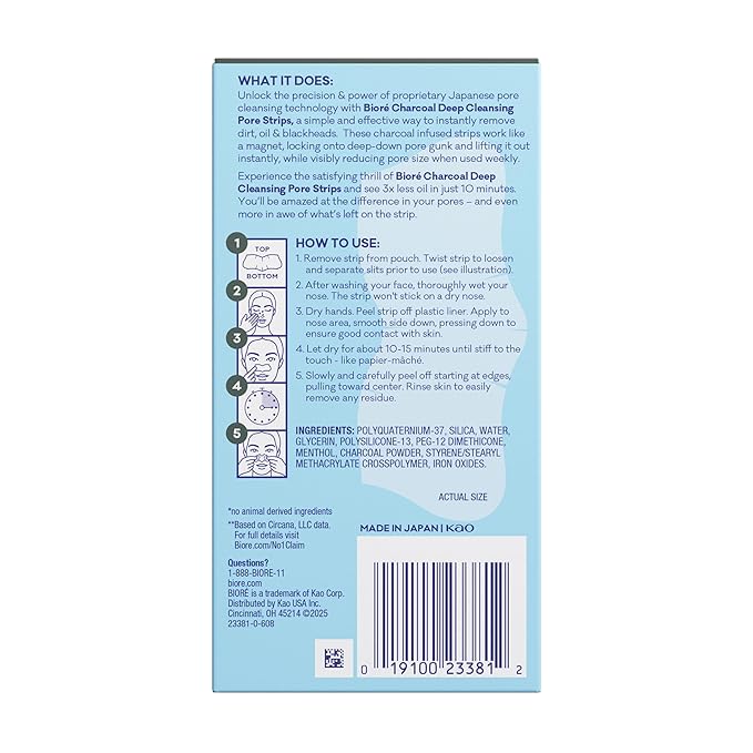 Biore Charcoal Deep Cleansing Pore Strips, Nose Strips for Blackhead Removal on Oily Skin, Features C-Bond Technology with Instant Pore Unclogging, 18 Count