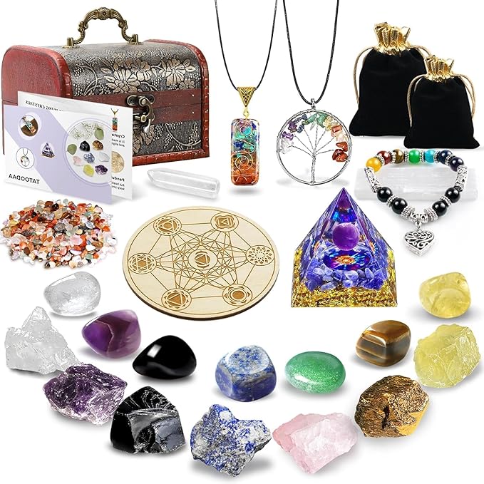Crystals and Healing Stones, 26 Pcs Healing Crystal Set for Meditation, 7 Raw Chakra Stones Crystals Pyramid Reiki Real Crystal Stones with Wooden Box, Gifts for Women, Valentine's Day Gift