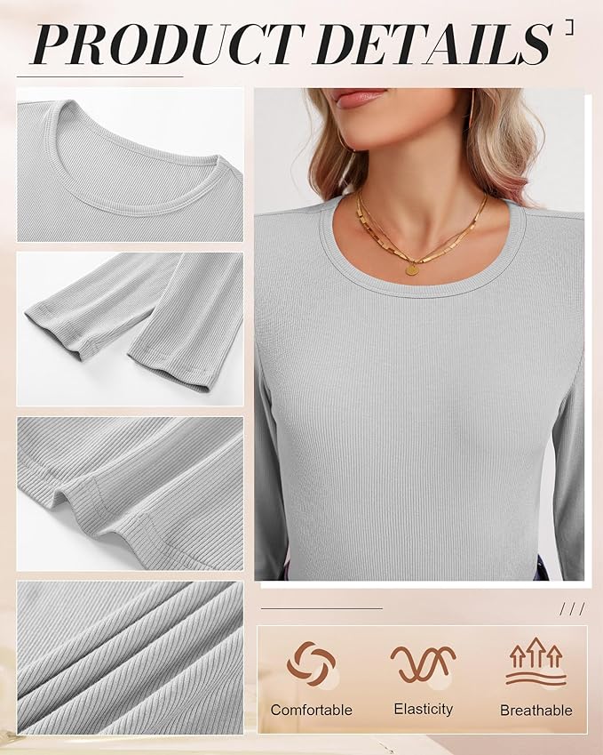 Ficerd 3 Pack Women's Ribbed Long Sleeve Tops, Crew Neck Slim Fit Undershirts Knit Basic Casual Stretch Layering Tee Shirts