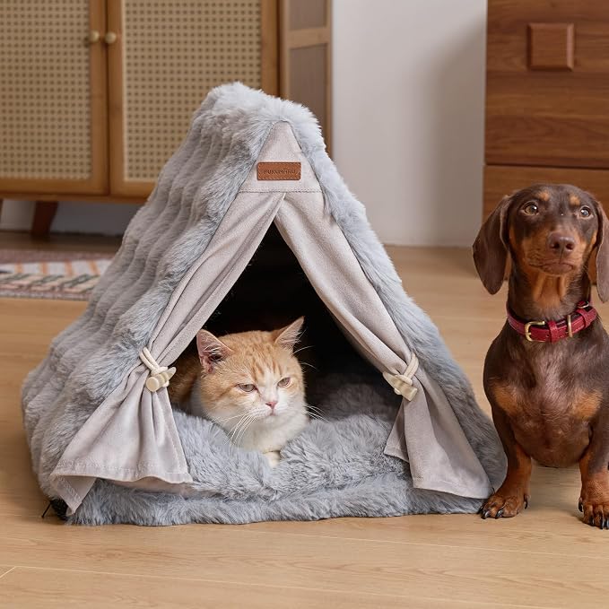 FUKUMARU Cat Cave Bed, Sturdy Frame Washable Cat Tent Bed with Curtain | Semi-Enclosed Cat Hideaway for Anxious Cats, Large Cozy Cat House for Indoor Cats, Soft Plush Covered Dog Bed, Grey
