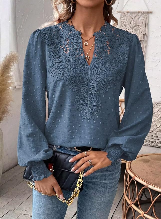 Womens Tops Swiss Dot Boho Long Sleeve Shirts V Neck Casual Chiffon Blouses Flowy Lace Hem Cute Clothing Trendy 2026