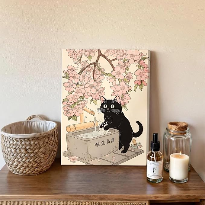 Funny Japanese Bathroom Wall Art Set of 3, Whimsical Black Cat Bathroom Wall Decor Painting Cute Japan Animal on Toilet Reading Poster Canvas Prints 16x24 inch Framed