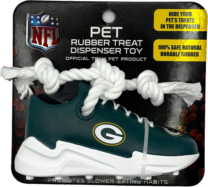 Pets First NFL Green Bay Packers Cleat Sneaker Spike Dog Toy, Football Treat Dispenser Chew Toy for Dogs, Interactive Rope Tug Toy, Slow Feeder Natural Rubber Dog Toy with Official Team Logo