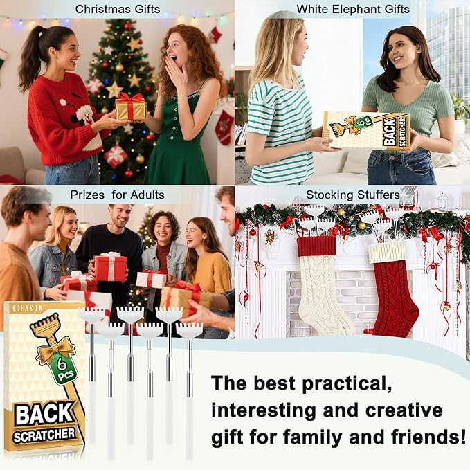HOFASON 6 Pack Back Scratcher, Stocking Stuffers for Men Adults Women Teens, Christmas Small Bulk Gifts for Men Women Teens, White Elephant Gag Birthday Gifts, Party Favors Prizes for Adults (White)