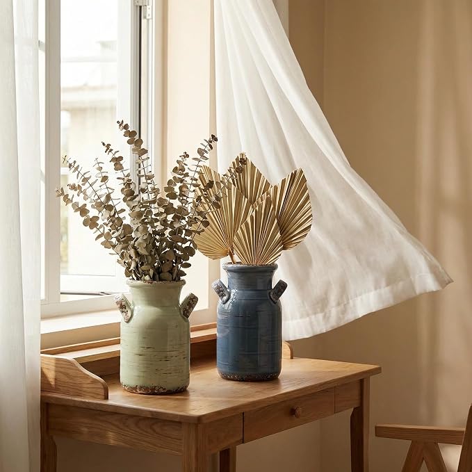 Ceramic Vase Set of 3 with Two Handles, Blue Neutral Rustic Modern Farmhouse Boho Decor, Versatile as Table Centerpiece or Mantel & Shelf Accent - Unique Home Gift Idea