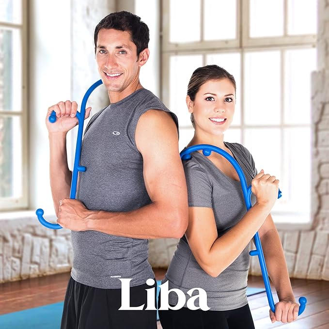 LiBa Back and Neck Massager - Trigger Point Massage Tools for Pain Relief and Manual Massage Hook Therapy Handheld Back Neck Shoulder Massager Blue - 2-Pack Gift for Women & Men