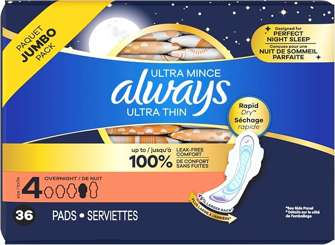 Always Ultra Thin Feminine Pads with Wings for Women, Size 4, Overnight Absorbency, Unscented, Up to 100% Leak-Free Comfort, 36 Count