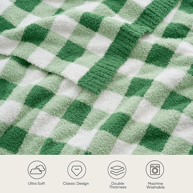 Snuggle Sac Checkered Blanket for Couch, Super Soft Cozy Warm Knit Netural Decorative Fluffy Blankets, Reversible Buffalo Plaid Microfiber Throws for Sofa Bed, Plaid Green, 50x60 Inches