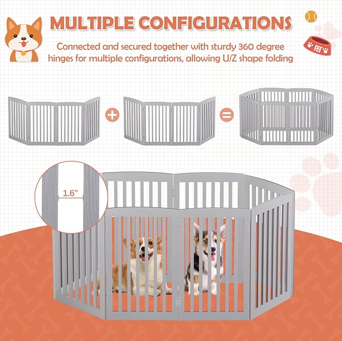 Dog Gate Pet Gate for House, Stairs, Hallways, Doorways 82x24 Inch 4 Panels Foldable Dog Fence for Indoor Extra Wide Wooden Grey