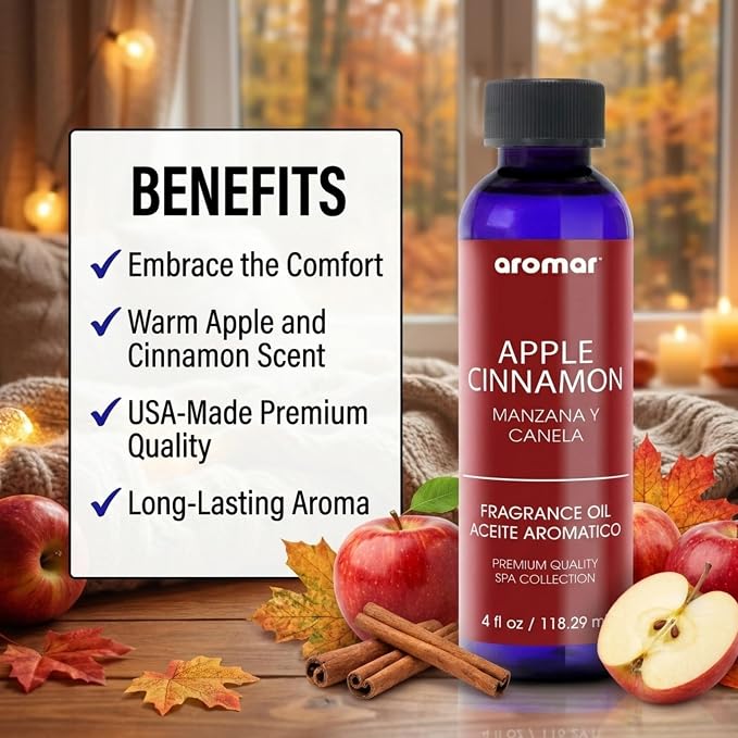 AROMAR Premium Fragrance Oil, Long-Lasting, Refreshing Uplifting Aroma for Aromatherapy, Relaxation & Household Uses, Apple Cinnamon 4 oz.