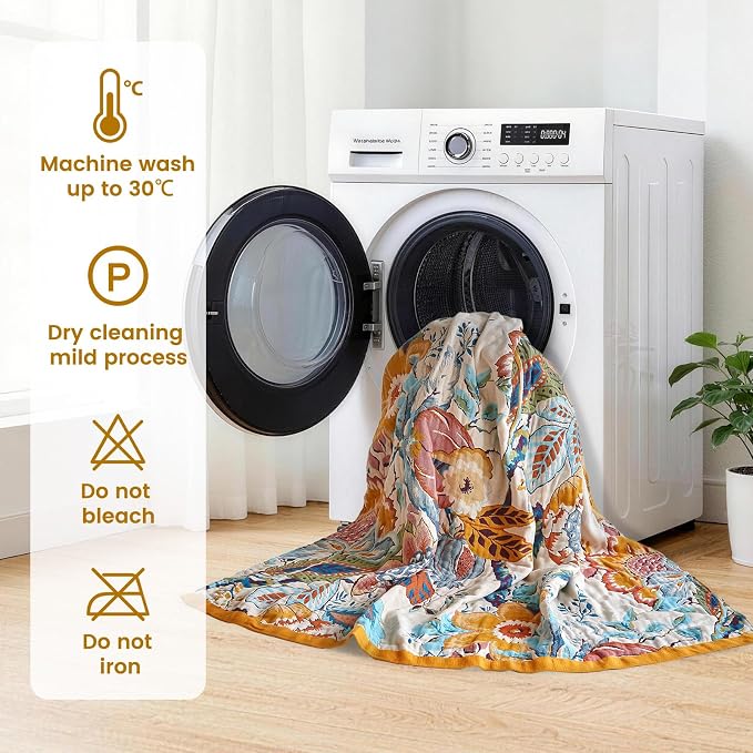 MSGKV Boho Throw Blanket 90"x90" Summer Cotton Floral Blanket for Couch | 100% Cotton Muslin, Floral Throw Blanket, Reversible Weave, Soft & Breathable, Everyday Home Comfort, Machine Washable
