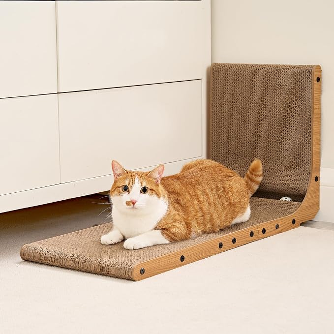 EHEYCIGA Cardboard Cat Scratcher for Indoor Cats, 19 Inch, Brown | L Shaped Scratching Post, Vertical Cat Scratching Board with Ball Cat Toy, Furniture Protector, Kitten Cat Scratch Pad