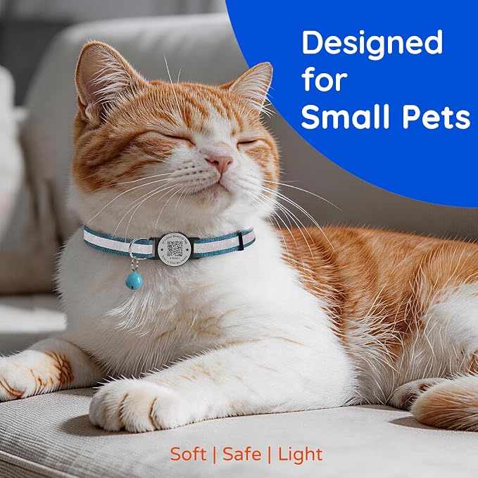 Breakaway Cat Collar QR Code, Reflective Bell, Adjustable Kitten, Blue