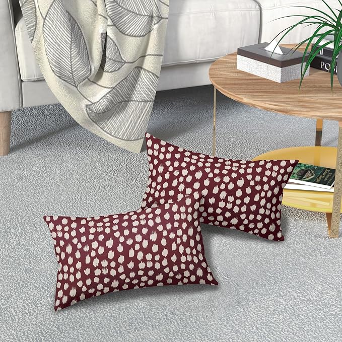 Sweetshow Burgundy Cream Dots Lumbar Pillow Covers 12x20 Set of 2 Boho Design Polka Dot Print Throw Pillows Modern Outdoor Decorative Pillowcase Rectangle Linen Cushion Cases Decor for Sofa Couch Bed