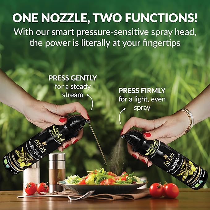 Olive Oil Spray by Atlas, Dual Function Olive Oil Cooking Spray and Stream, 5.4 fl oz, 6 Pack, Extra Virgin, Non Stick, Cold Pressed, Polyphenol Rich, Organic Moroccan EVOO, Hydroxytyrosol, Keto