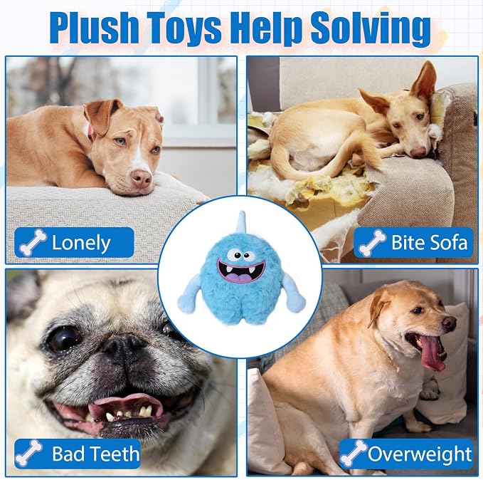 Monster Stuffed Squeaky Dog Toy, Crinkle Dog Plush Toy, Light Blue | Soft Lightweight Toy for Fetch and Chew, Interactive Outdoor Indoor Play for Tug, Birthday Gift, For Puppy Small Medium Dog
