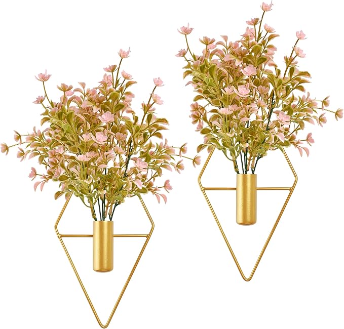 Yorkmills Plant Wall Decor Gold Hanging Vase with Pink Artificial Flowers | Diamond Metal Wall Planter Decorations Set of 2, Fake Plant Home Wall Decor for Living Room, Dining Room, Bedroom, Bathroom