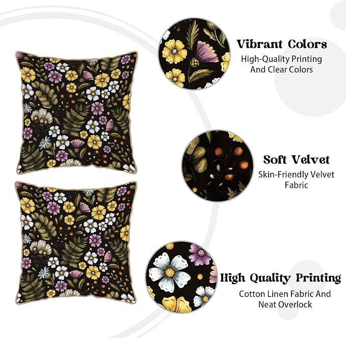 Blue Yellow Purple Floral Soft Velvet Throw Pillow Covers Set of 2 Plant Botanical Flowers Decorative Pillow Covers 16x16 In Vintage Black Pillow Case For Sofa Couch Living Room Farmhouse Home Decor