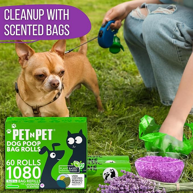 Pet N Pet Doggie Poop Bags, 1080 Count, Lavender Scented Waste Roll Refills | Green, Dogs, 41% Plant Based, 59% PE, Extra Thick, 9 x 13, Leak-Proof, Tear-Resistant, Easy-Tear Design, dog waste bags