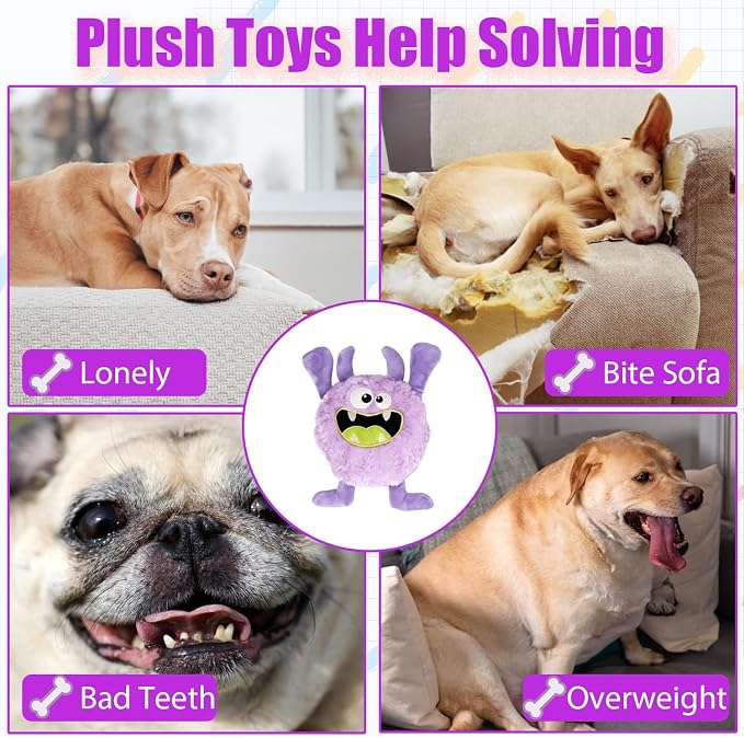 Monster Stuffed Squeaky Dog Toy, Crinkle Dog Plush Toy, Purple | Soft Lightweight Toy for Fetch and Chew, Interactive Outdoor Indoor Play for Tug, Birthday Gift, For Puppy Small Medium Dog