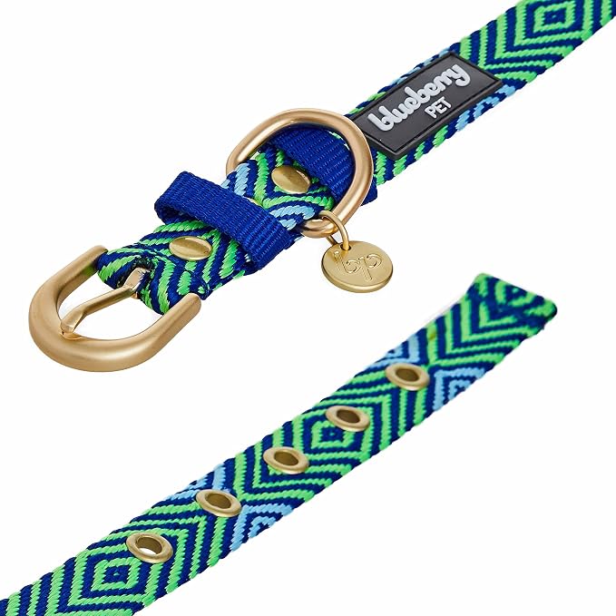 Blueberry Pet Southwestern Tribal Lozenges Stylish Green Adjustable Dog Collar with Metal Buckle, Neck 19.5-26", for Large Breed