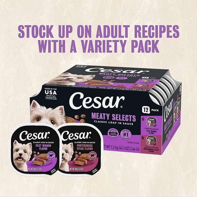 Cesar Classic Loaf Wet Dog Food, Meaty Selects, 3.5 oz, 12 Count, 2-Pack | Made in USA, Filet Mignon & Porterhouse Steak flavors, real beef #1 ingredient, no artificial flavors, easy peel trays