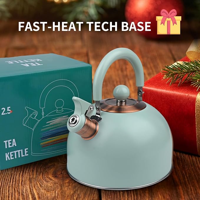 2.6 Quart Mint Green Whistling Tea Kettle, tea pot, Stainless Steel, Cool-Touch Handle, Loud Whistle, 7.48-inch Base, Induction Compatible