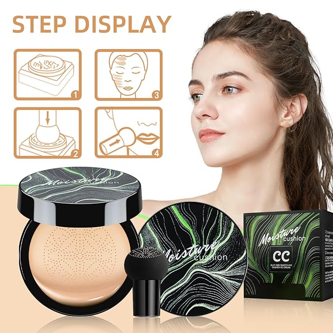 Mushroom Head Air Cushion CC Cream - BB Cream Foundation Makeup Moisturizing Concealer Long-Lasting, Cushion Foundation Full Coverage Self Adjusting for Mature Skin & All Skin Types (2 PCS Natural)