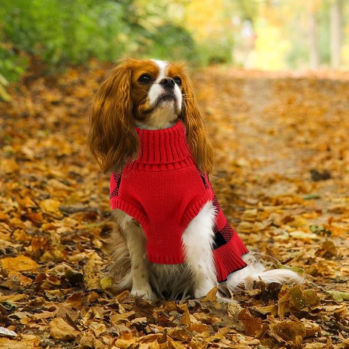 Dog Sweater Dress Plaid Knitwear for Small Medium Dogs Warm Puppy Pet Turtleneck Stretch Pullover Cute Fall Winter Vest Clothes with Leash Hole for Christmas (Red, L)