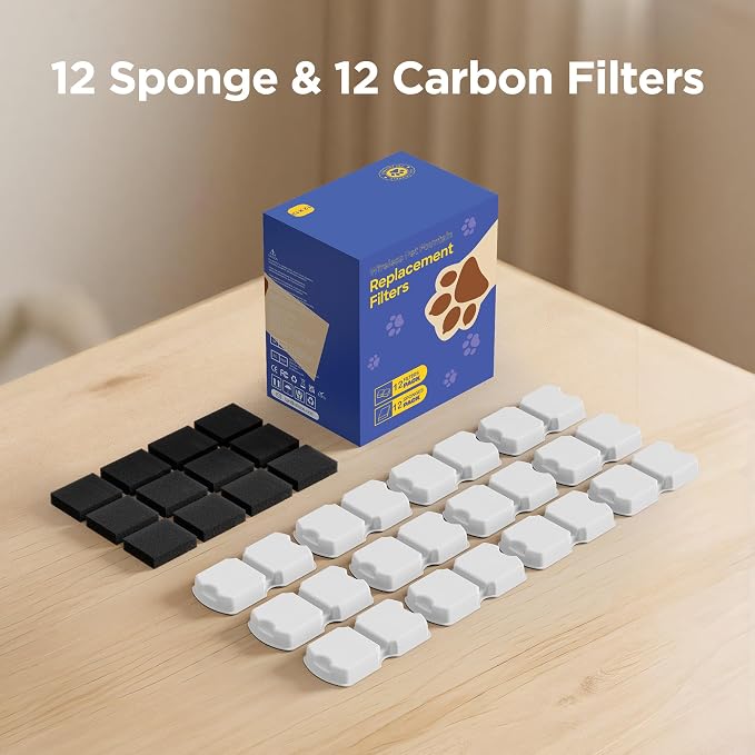 GIOTOHUN Cat Water Fountain Filter Replacement: 24 Cat Fountain Filter - 24 Pet Fountains Filters - 12 Filters & 12 Sponges - Suitable for ATMZIQXR GIOTOHUN KOOGMOON UMOCUOY IHOUONE HOOISE