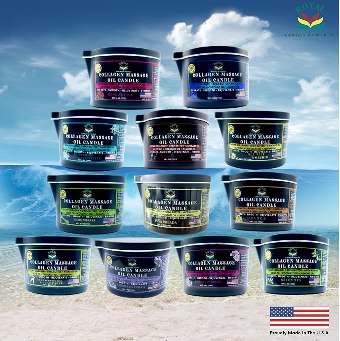 Royal Collagen Massage Oil Candle, Body Massage Oil Candle, Candle Massage Oil, Collagen Massage Oil Candle, Aromatherapy Candle, Couple Massage Oil Candle, 6 oz. with Pouring spout - Green Tea Scent
